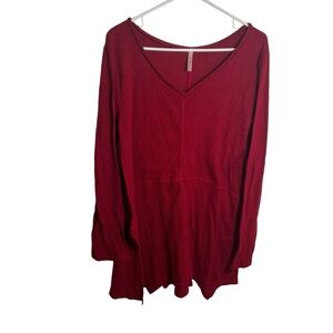 42pops Thermal Tunic Top V-Neck Red Burgundy XL